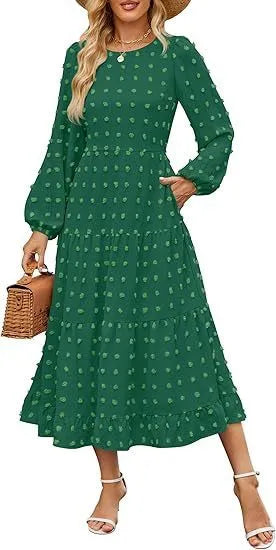 Women's autumn casual dress with ruffled long sleeves and high waist in solid colour options