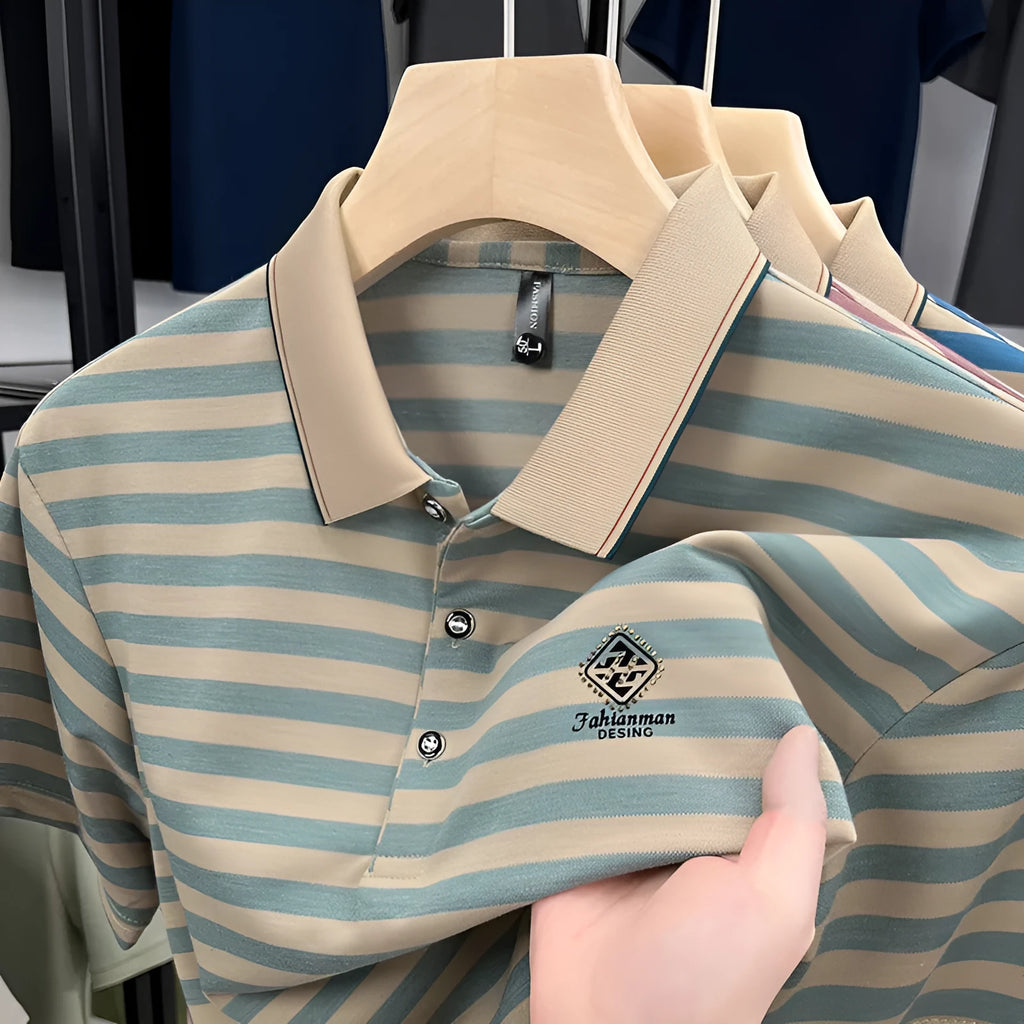 Men's striped casual short sleeve shirt with mosaic pattern in polyester fibre fabric
