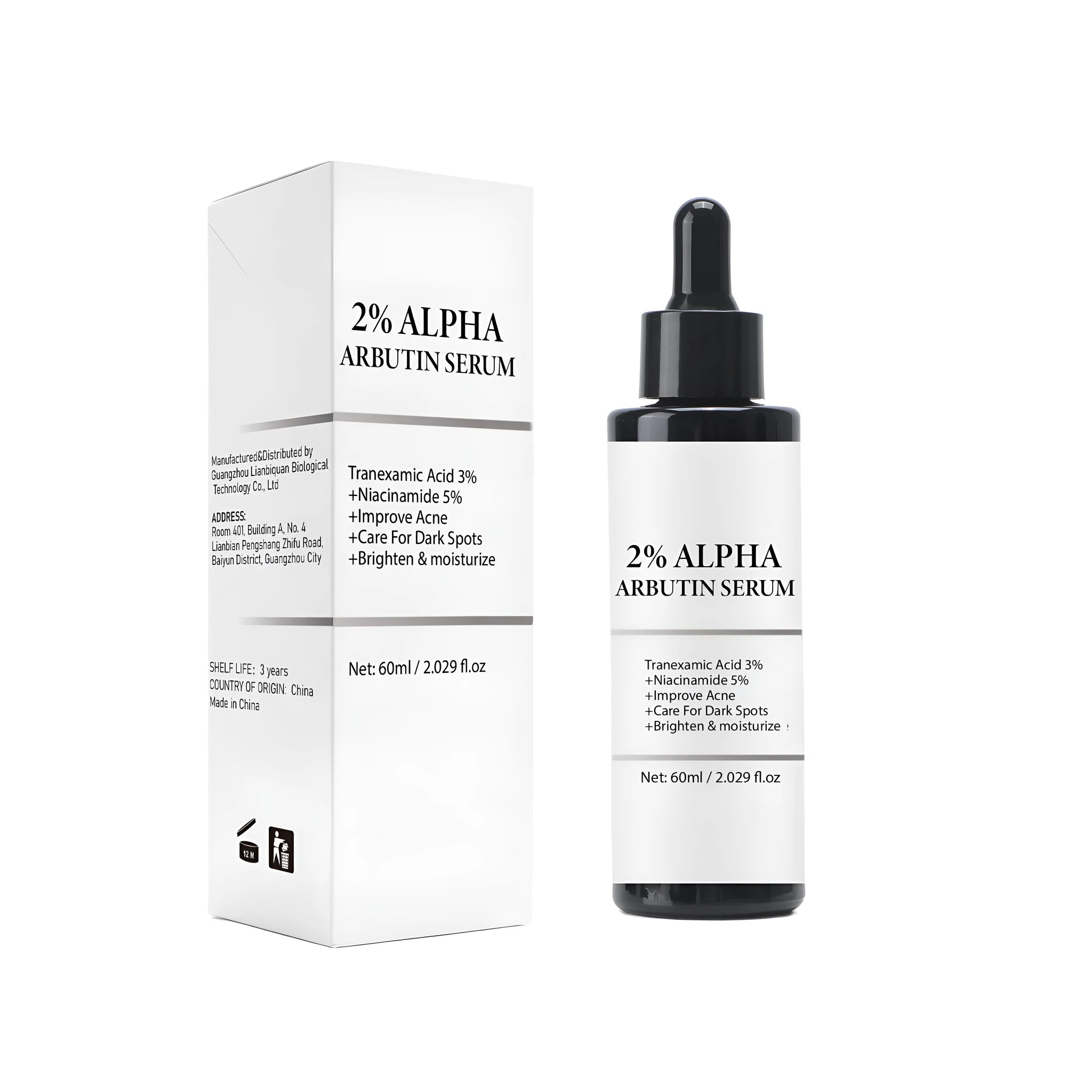 Alpha-arbutin facial care solution bottle with 60ml volume and pump dispenser