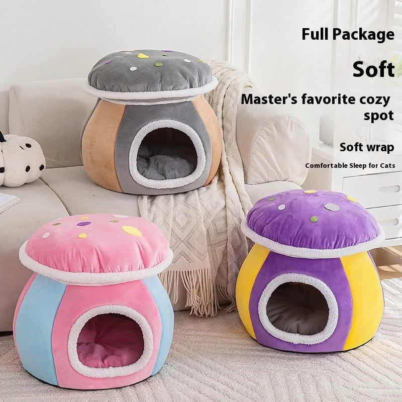 Mushroom-shaped plush cat bed in grey, pink, or purple colours with thermal construction