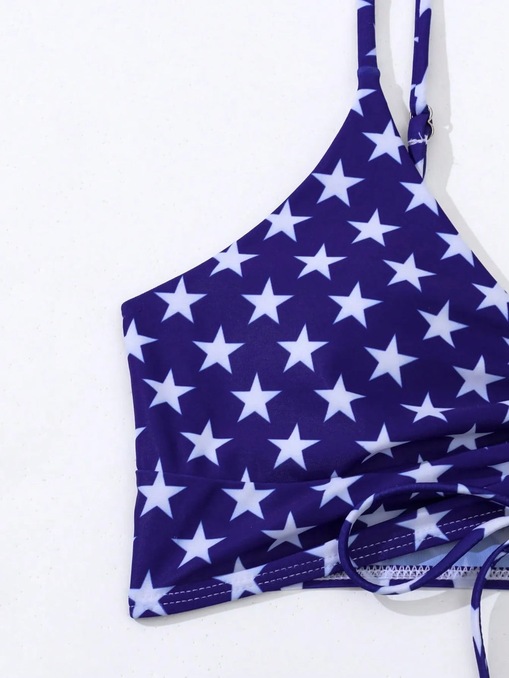 Women's high waist boxer style swimsuit with drawstring and red, white, and blue stars and stripes pattern.