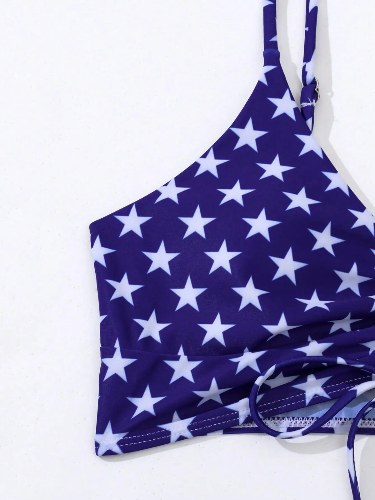 Women's high waist boxer style swimsuit with drawstring and red, white, and blue stars and stripes pattern.