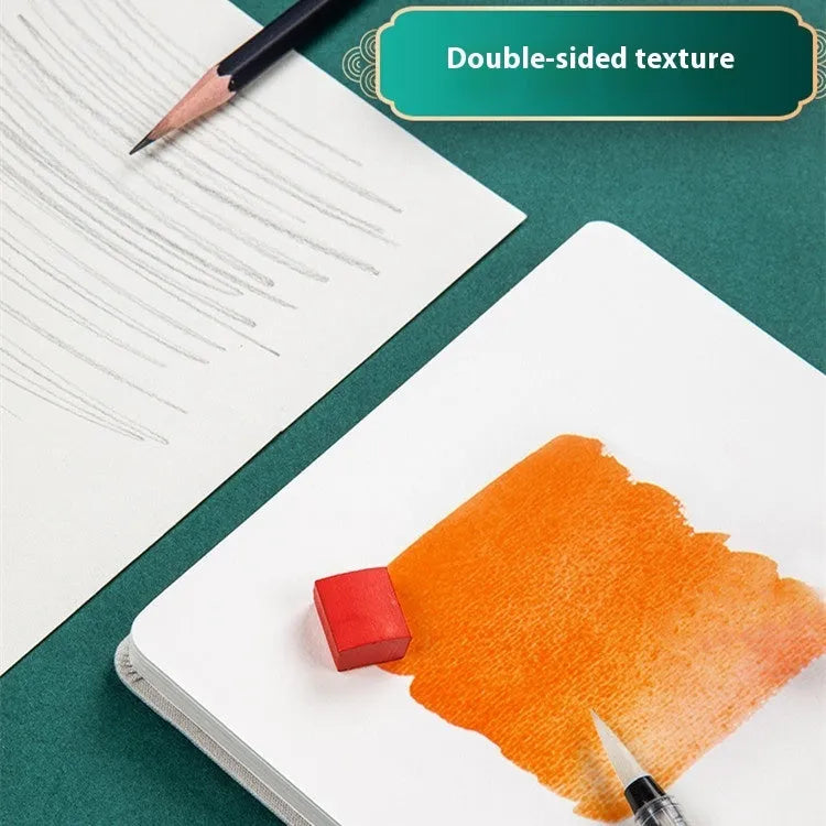Feiluniao fabric watercolour sketchbook open showing a detailed hand-painted design on paper.