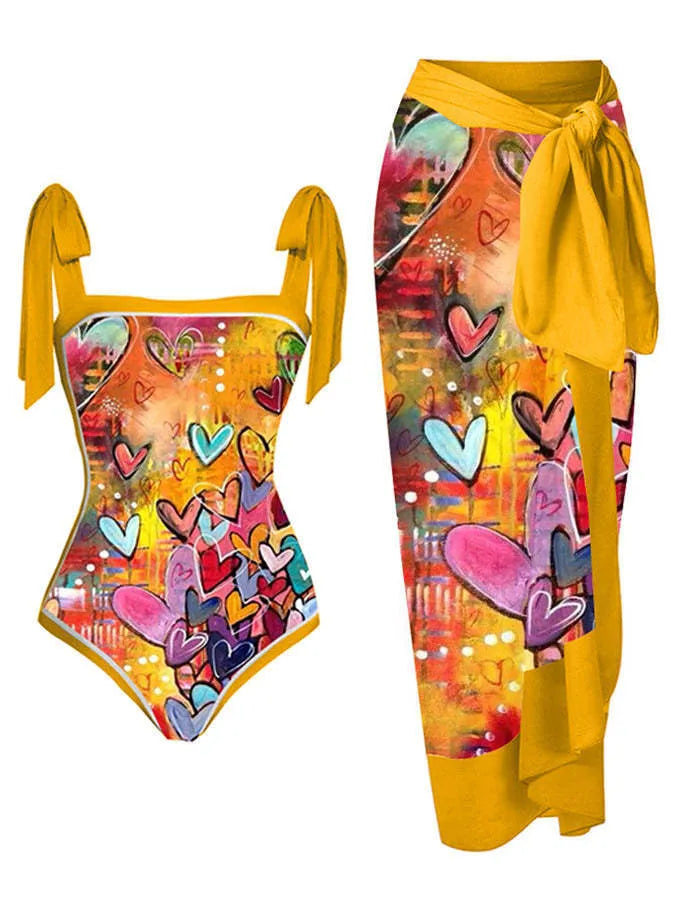 Women's printed chiffon swimsuit two-piece with matching skirt in floral pattern