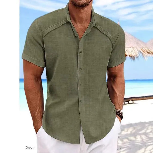 Men's Hawaiian casual short sleeve shirt in cotton blend fabric showing solid colour options