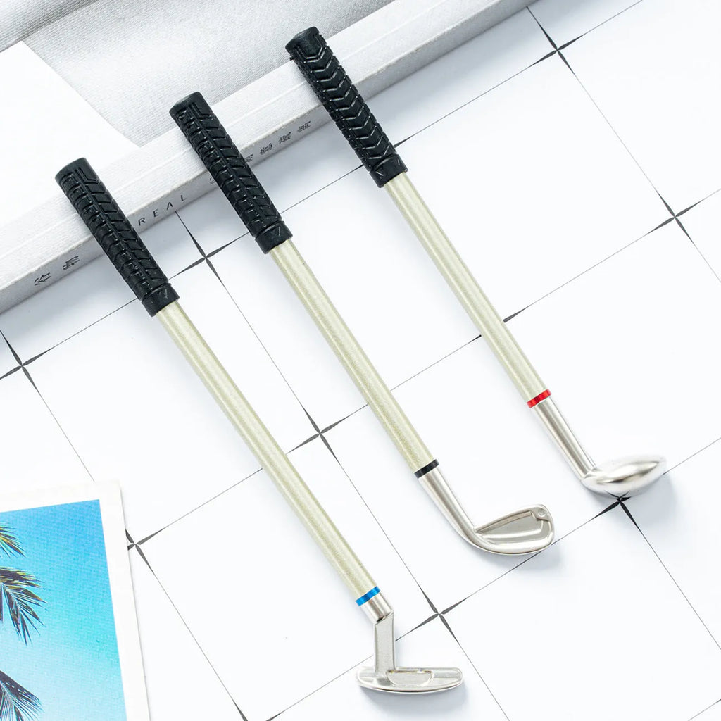 Three metal ballpoint pens with suit design in golf packaging, showing bullet-type 0.7mm pen heads