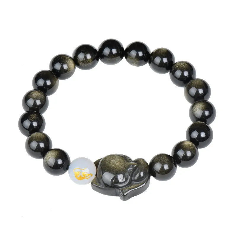 Natural obsidian bracelet with zodiac guardian design and 10mm stone beads