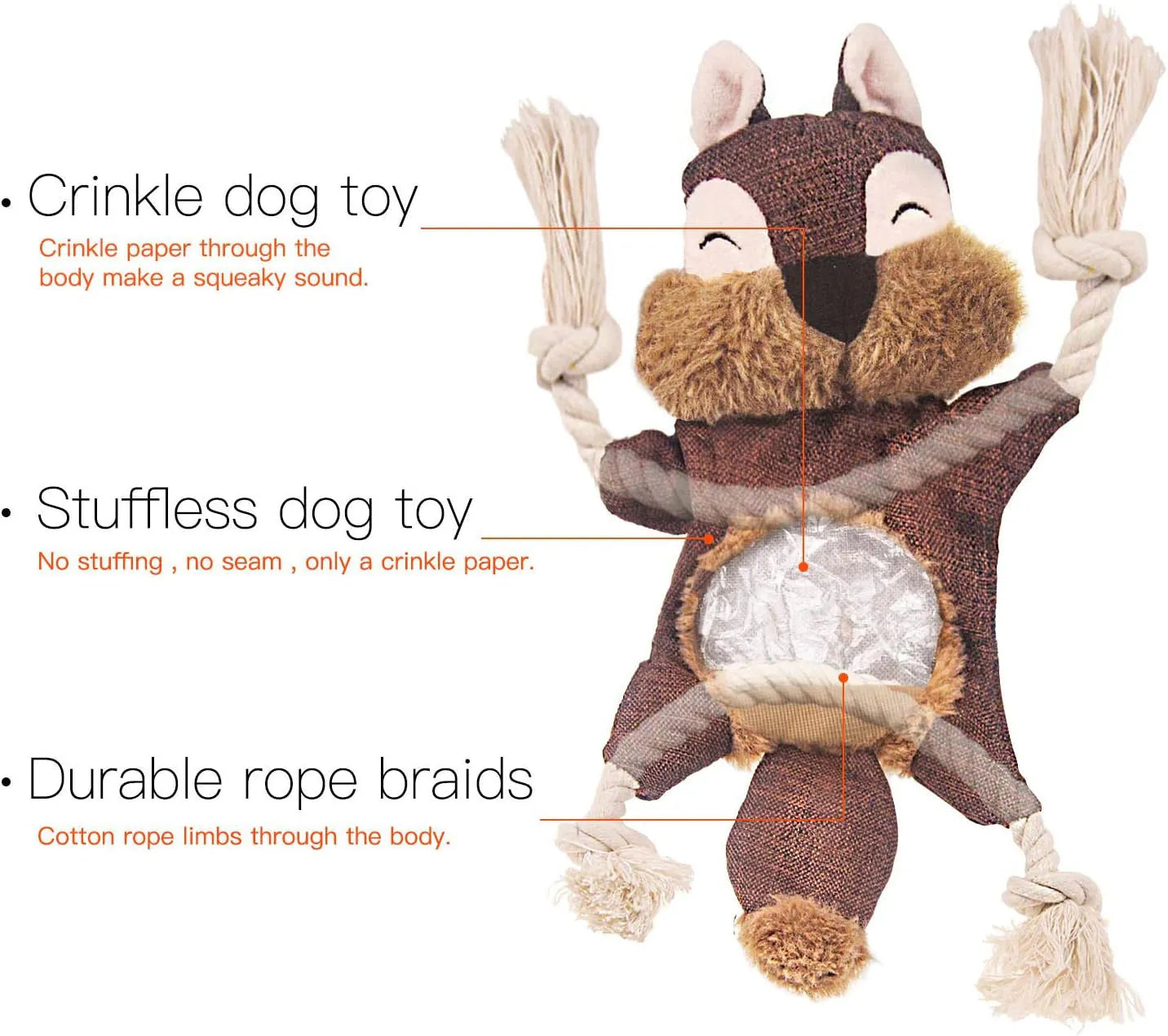 Brown fox plush dog toy with squeaker in head, crinkle paper body, and rope limbs for chewing