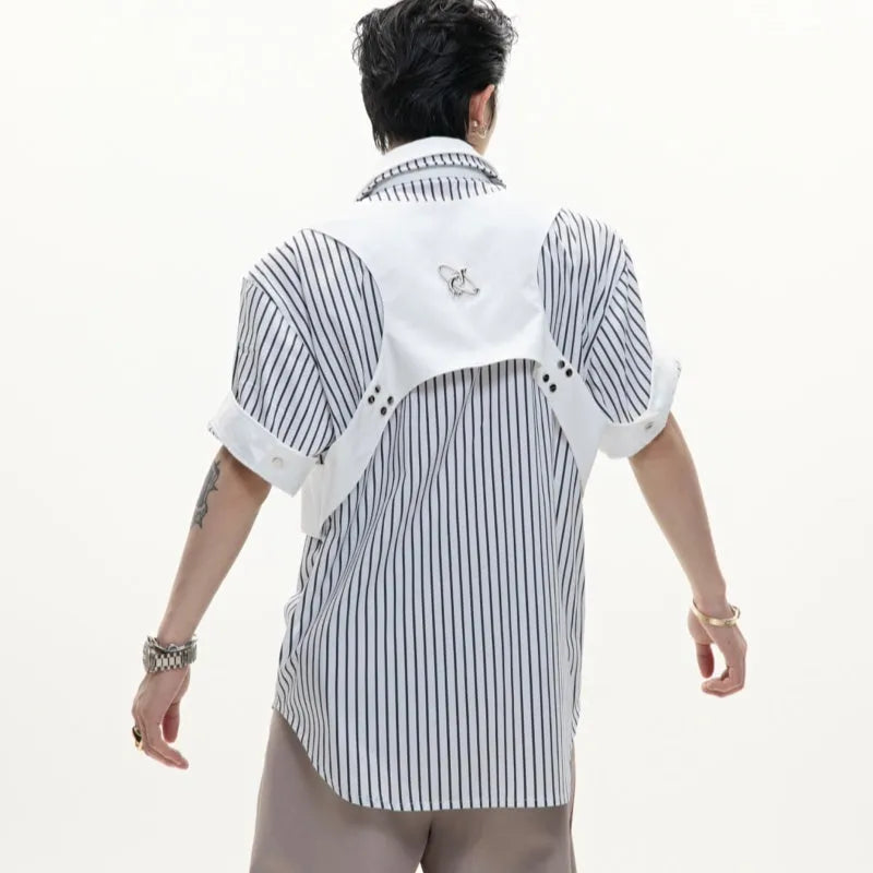 Men's black and white striped cotton shirt with a double collar creating a vest-like appearance.