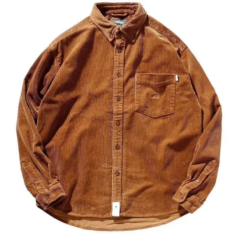 Loose fit long sleeve corduroy shirt in caramel colour with cardigan style
