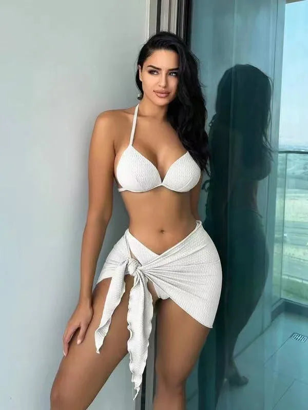 Women's three-piece solid color swimsuit with high elastic top panties and skirt in avocado green black white or pink