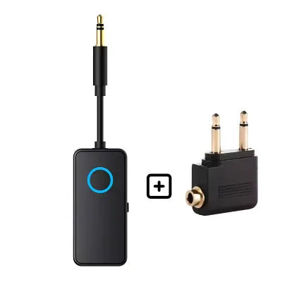 Black Bluetooth 5.4 audio adapter with a 3.5mm plug for wireless streaming to car stereos and headphones