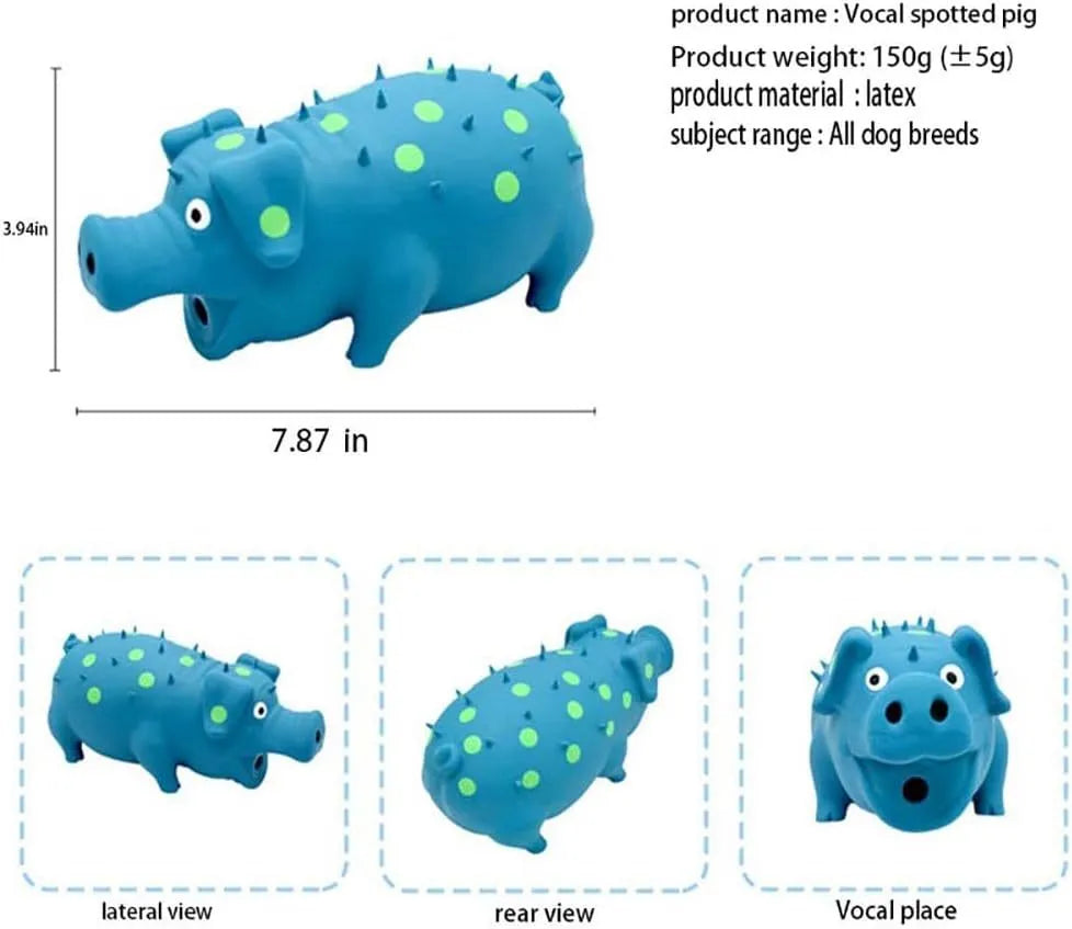 Latex pig-shaped dog chew toy with textured surface and squeaker in multiple colour options