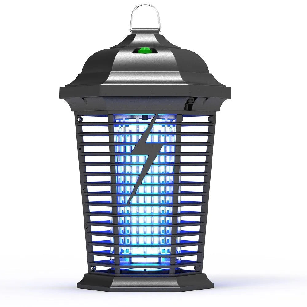Black outdoor mosquito killer lamp with UV light and electric grid for garden insect control.