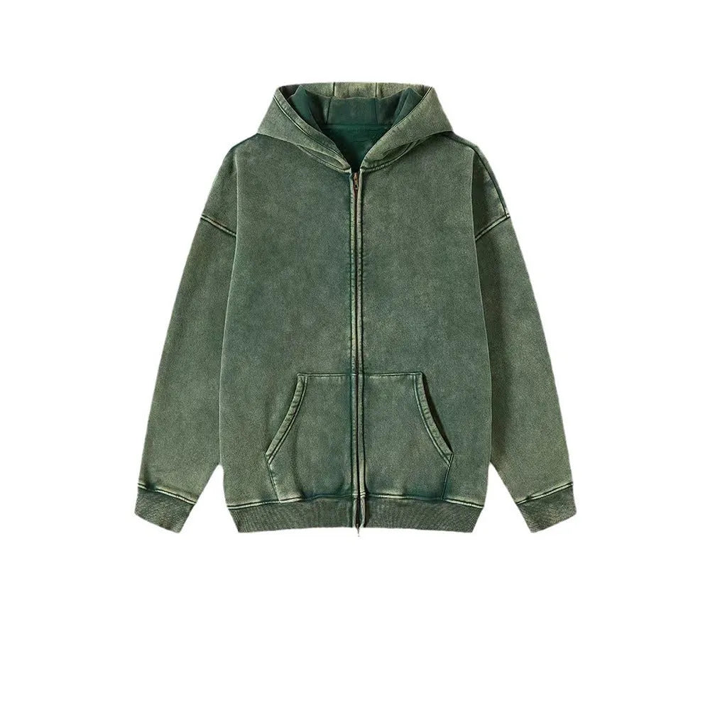 Men's washed cotton hooded cardigan sweater with fleece lining and a double zipper front.
