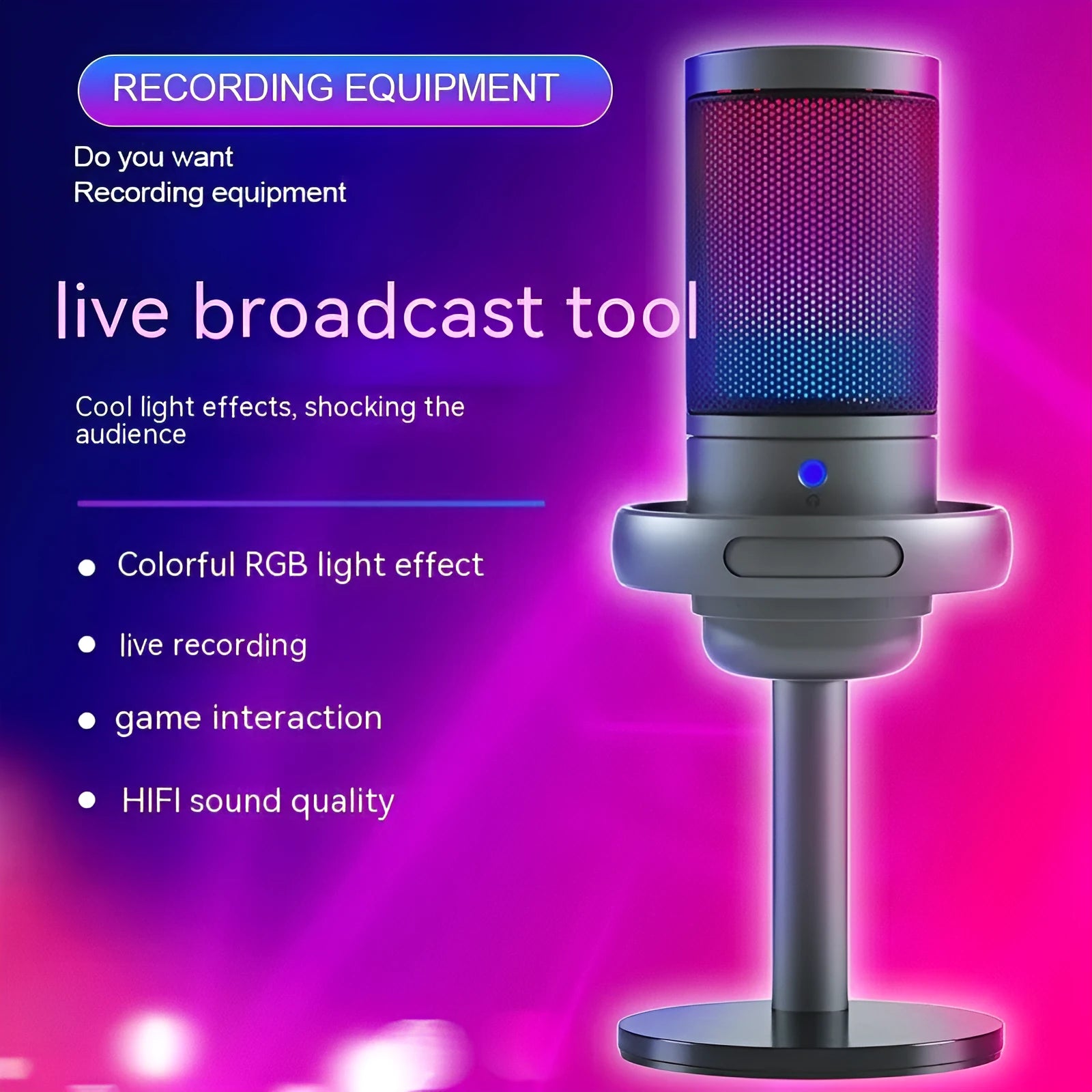 RGB condenser USB microphone with 150cm cable in black, white, and pink colour options