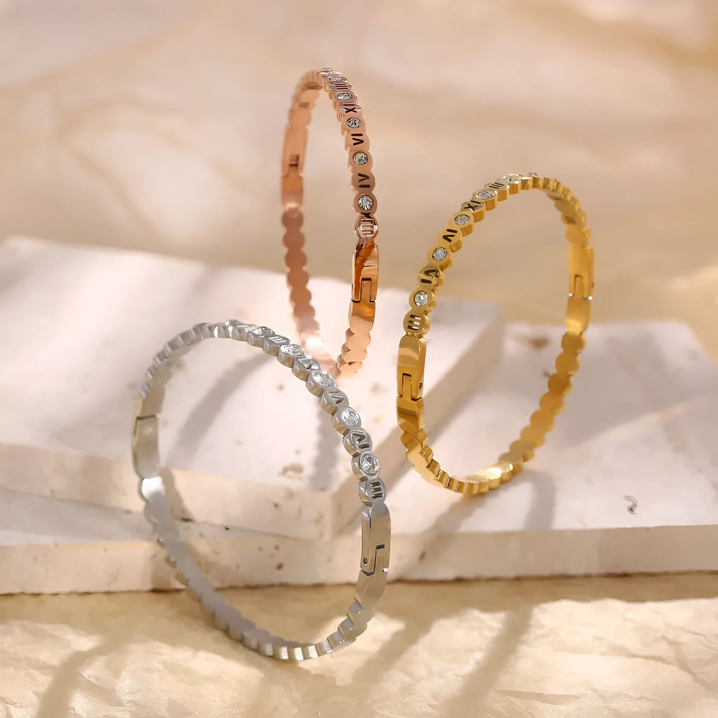 Korean style titanium steel bracelet with number detail in gold, rose gold, or steel colour.