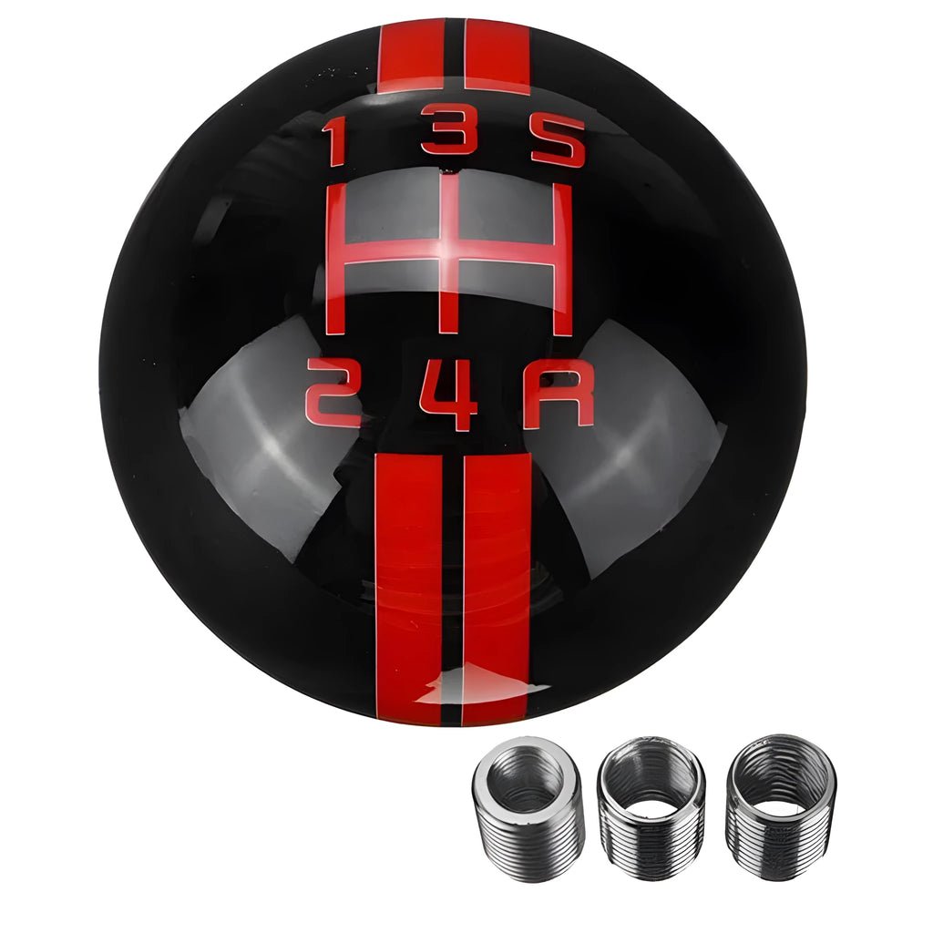 Black acrylic 5-gear manual car gear shift knob with red lettering and screw adaptors