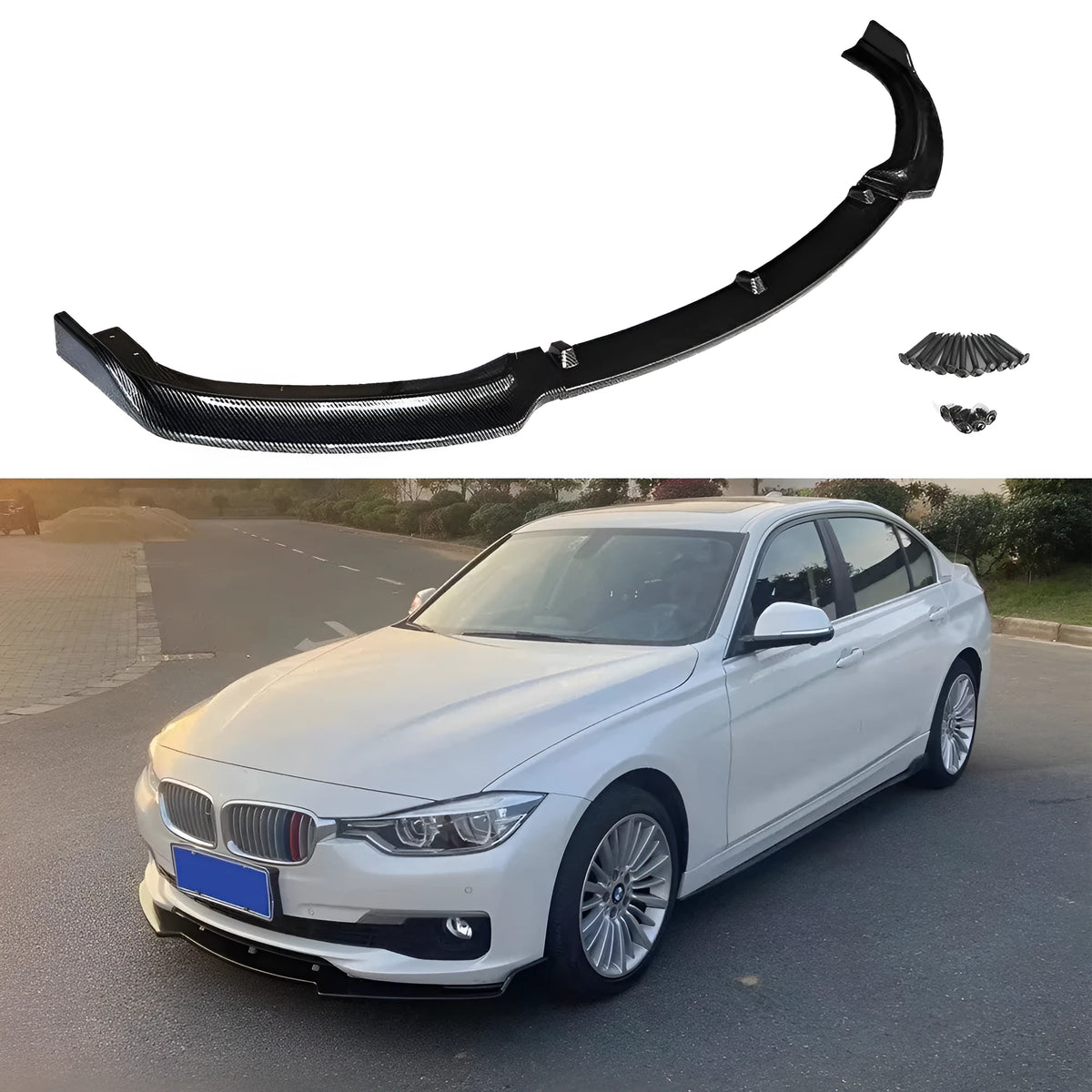 Black polypropylene front bumper lip spoiler for BMW F30 and F35 3 Series models