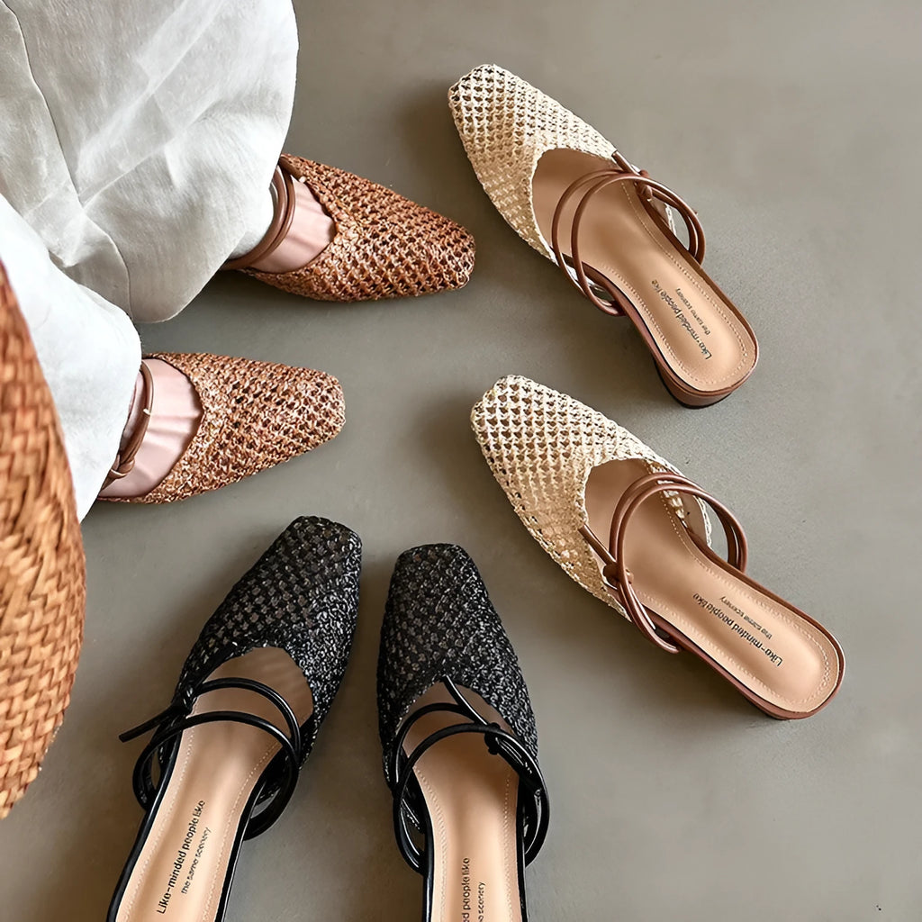 Women's French style square toe slippers with hollow-out design and chunky heel in black colour