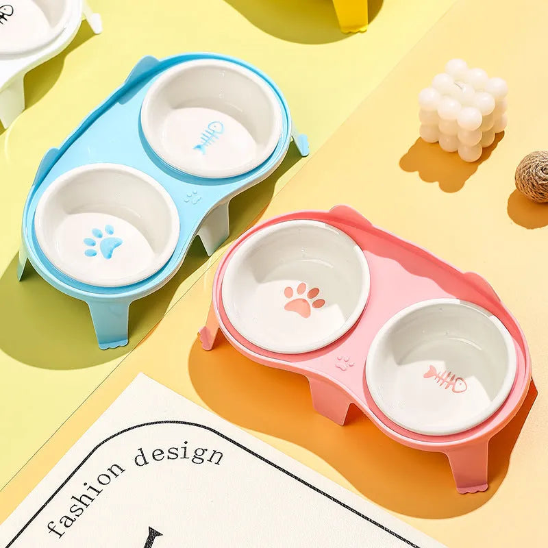Ceramic cat bowl set on ABS stand with hook, in blue, pink, white or yellow