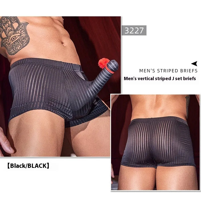 Men's vertical stripe boxer briefs in black nylon fabric showing stretch and pattern detail
