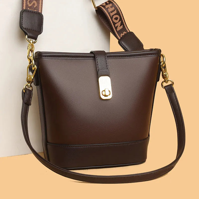 Black Korean style soft PU bucket messenger bag with double straps and external pocket