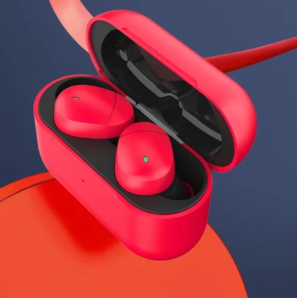 Flame red Qualcomm Bluetooth 5.2 headset with earplug design and charging cable