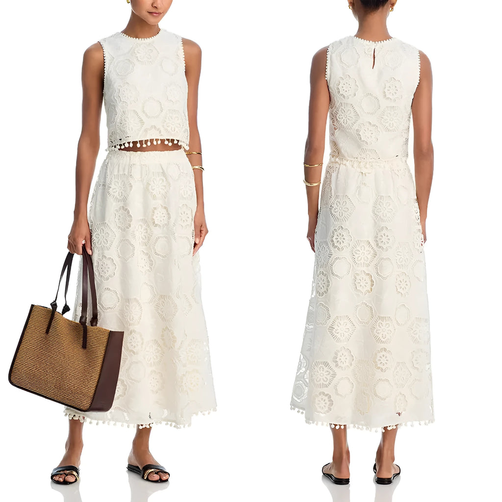 White women's sleeveless top and long embroidered skirt retro suit set