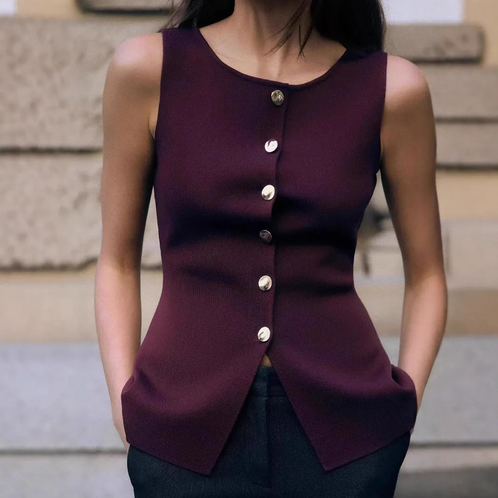 Women's dark red viscose sleeveless sweater vest with gold buttons and 3D patterns