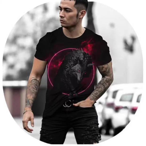 Men's retro style 3D animal print short sleeve t-shirt on a hanger