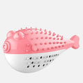 Silicone fish-shaped cat chew toy with grabbing feature in blue, green, pink or yellow options