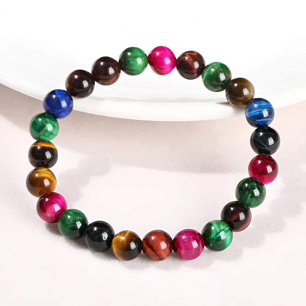 Colourful tiger-eye gemstone bead bracelet in round beads on a string.