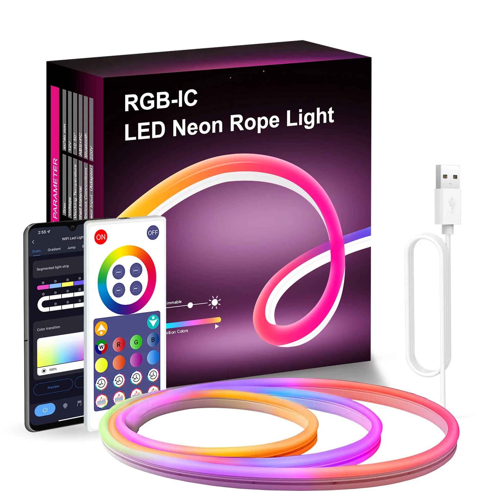 3 metre RGB magic colour neon light strip with remote control and USB connection