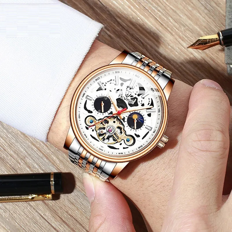 Men's tourbillon mechanical watch with waterproof case and luminous hands on black dial