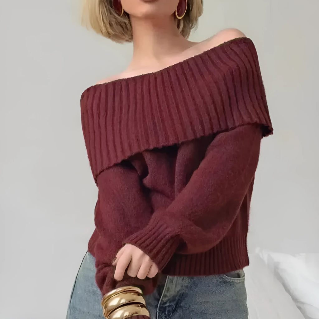 Grey off-the-shoulder sweater with 3D pattern, regular sleeves, and strapless neckline