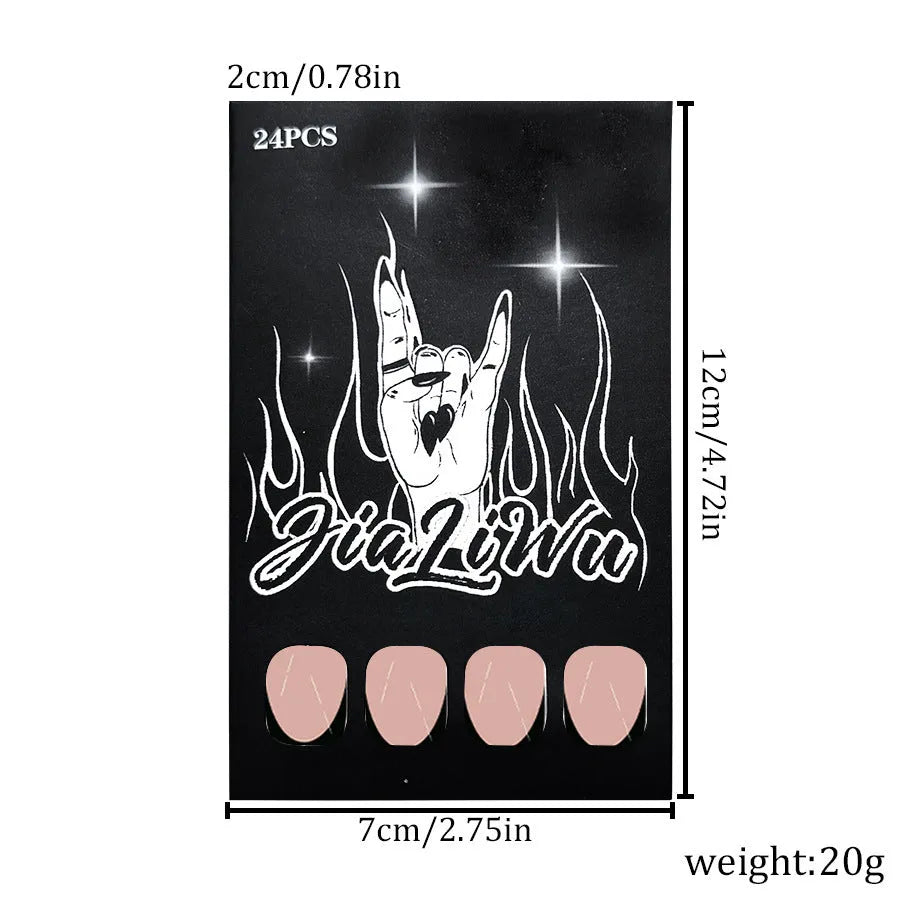 Black French tip false nails in short almond shape, 24 piece set on a white background.