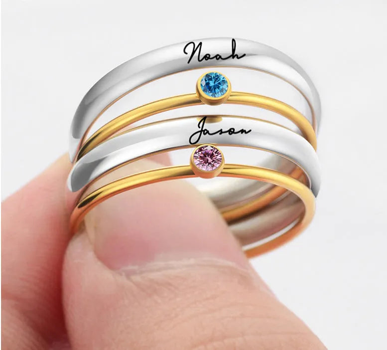 December birthstone engraved titanium steel ring with geometry shape on a grey background