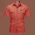 Men's army green cotton short sleeve work shirt with a cardigan style and loose fit.