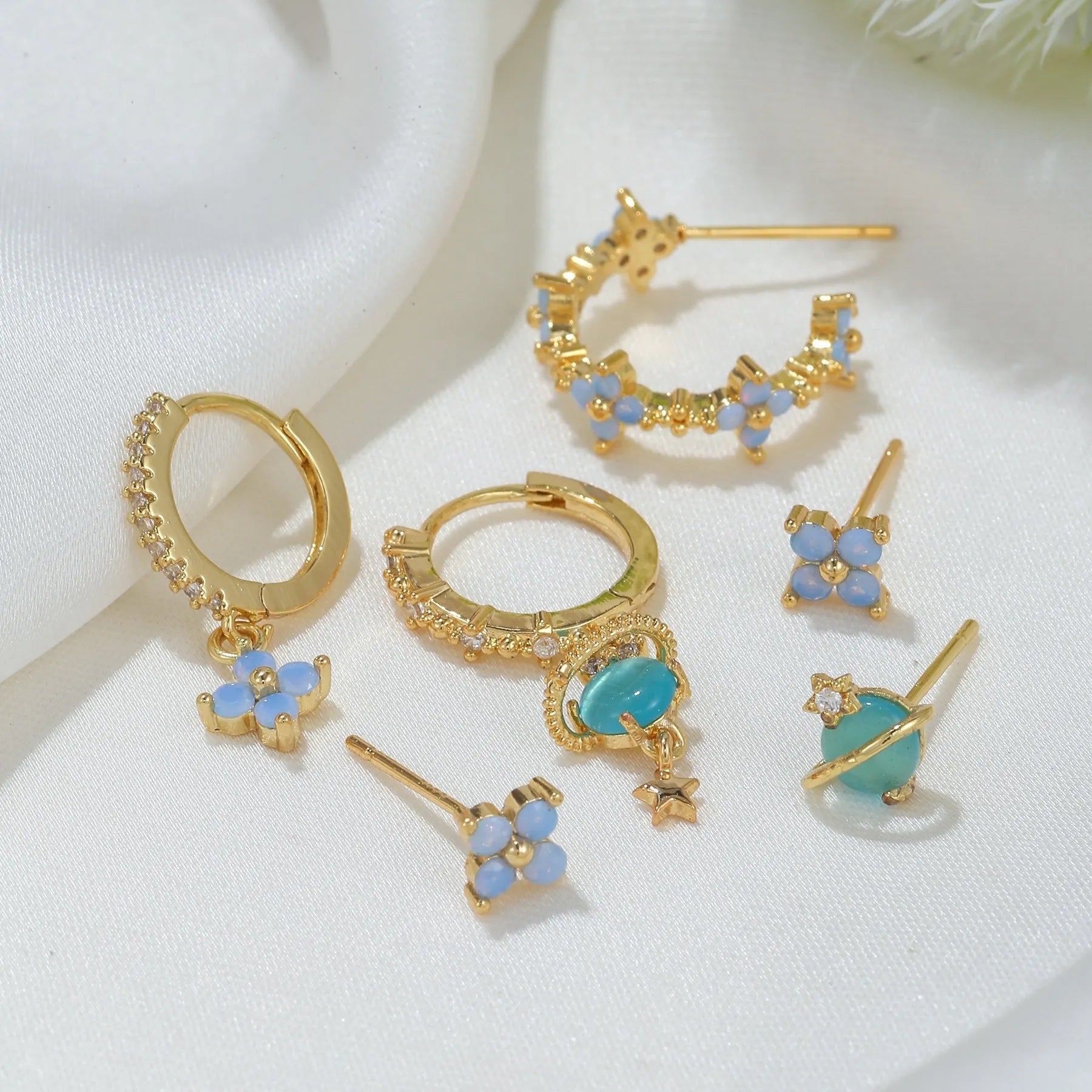 Japanese Korean style flower ear studs with zircon mosaic on copper in gold and silver colours