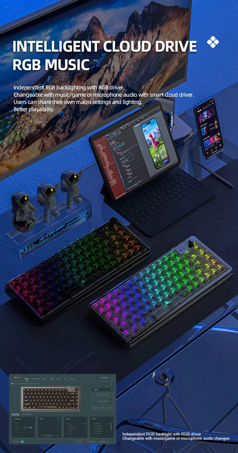 Attack Shark K75 transparent wireless mechanical keyboard with RGB lighting and hot-swappable switches
