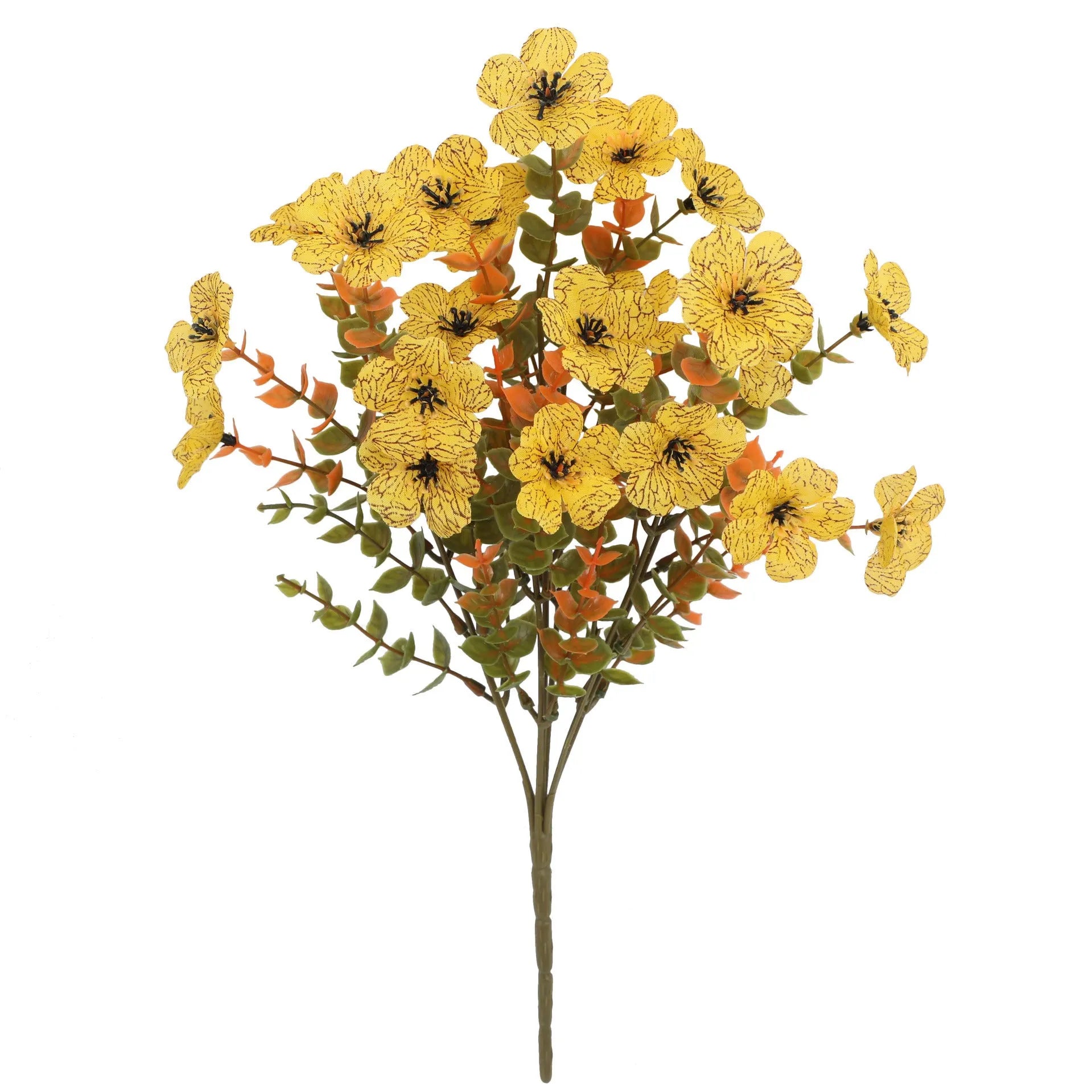 Artificial flower bouquet in autumn orange, red, and yellow colours for home or wedding decoration.