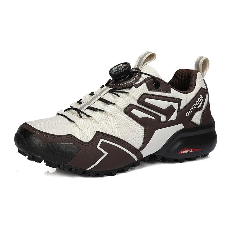 Men's beige off-road hiking shoes with elastic band closure and natural rubber outsole.