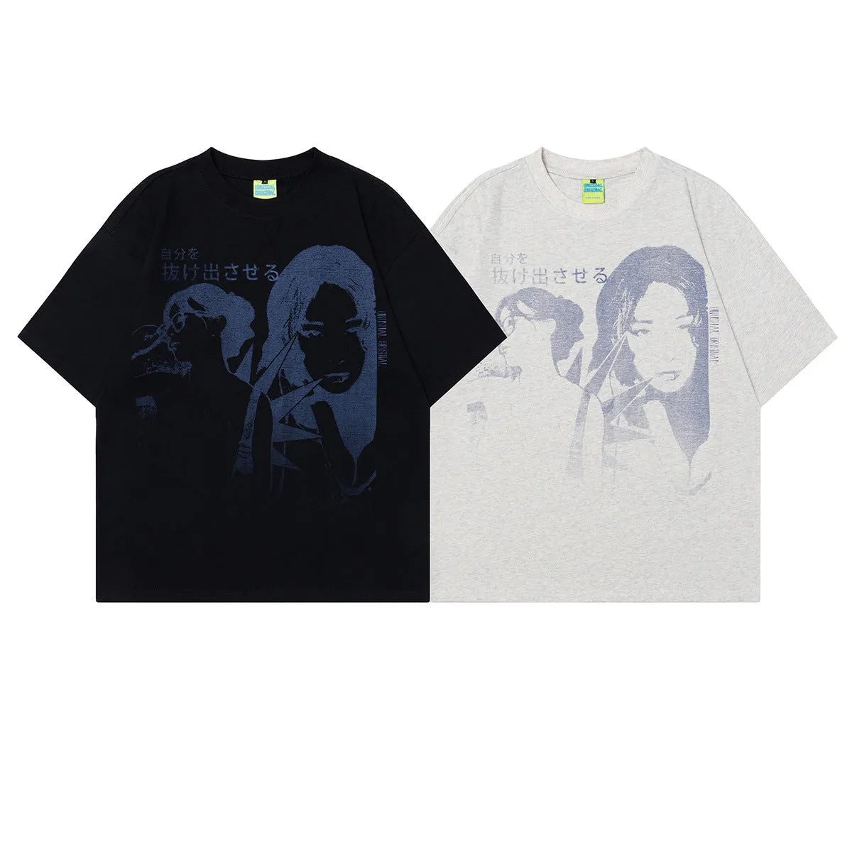 Men's grey T-shirt with painting character design, short sleeves, loose fit