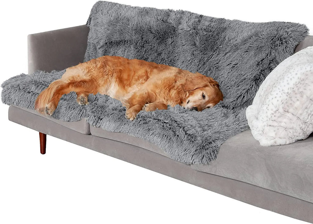 Plush waterproof dog cushion in dark grey showing double-layer thickening construction