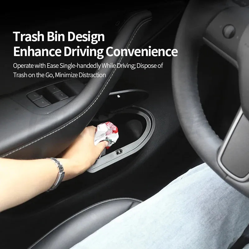 Two black ABS plastic trash cans for Tesla Model Y front door pockets.
