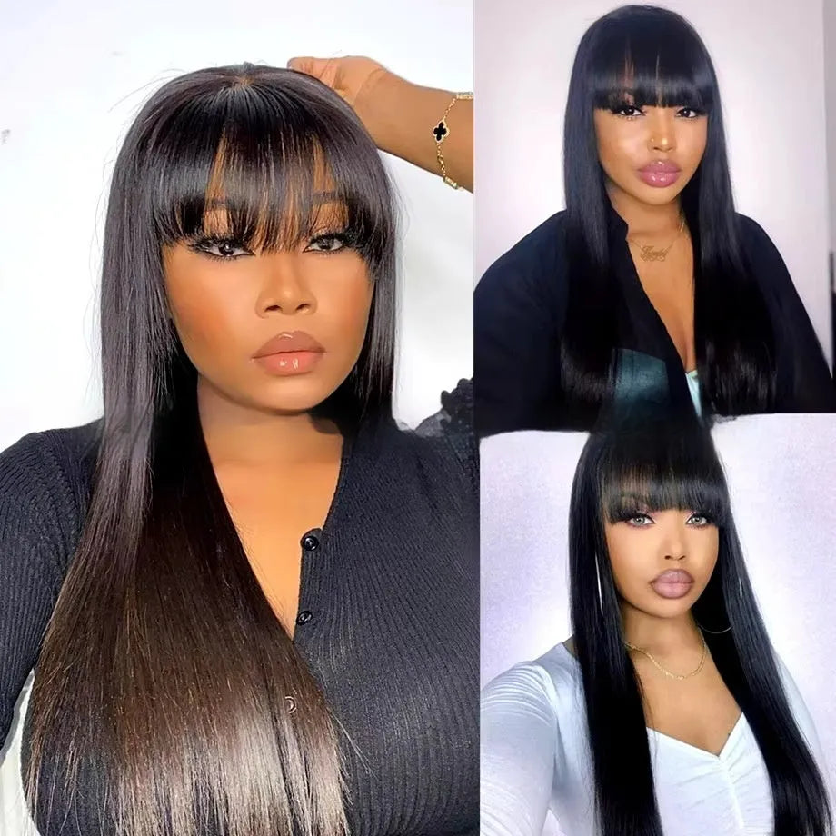 Women's natural colour human hair wig on a stand, showing adjustable full-mechanism headgear and long hair length.