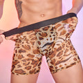 Men's leopard print boxer shorts made from nylon fabric, shown laid flat.