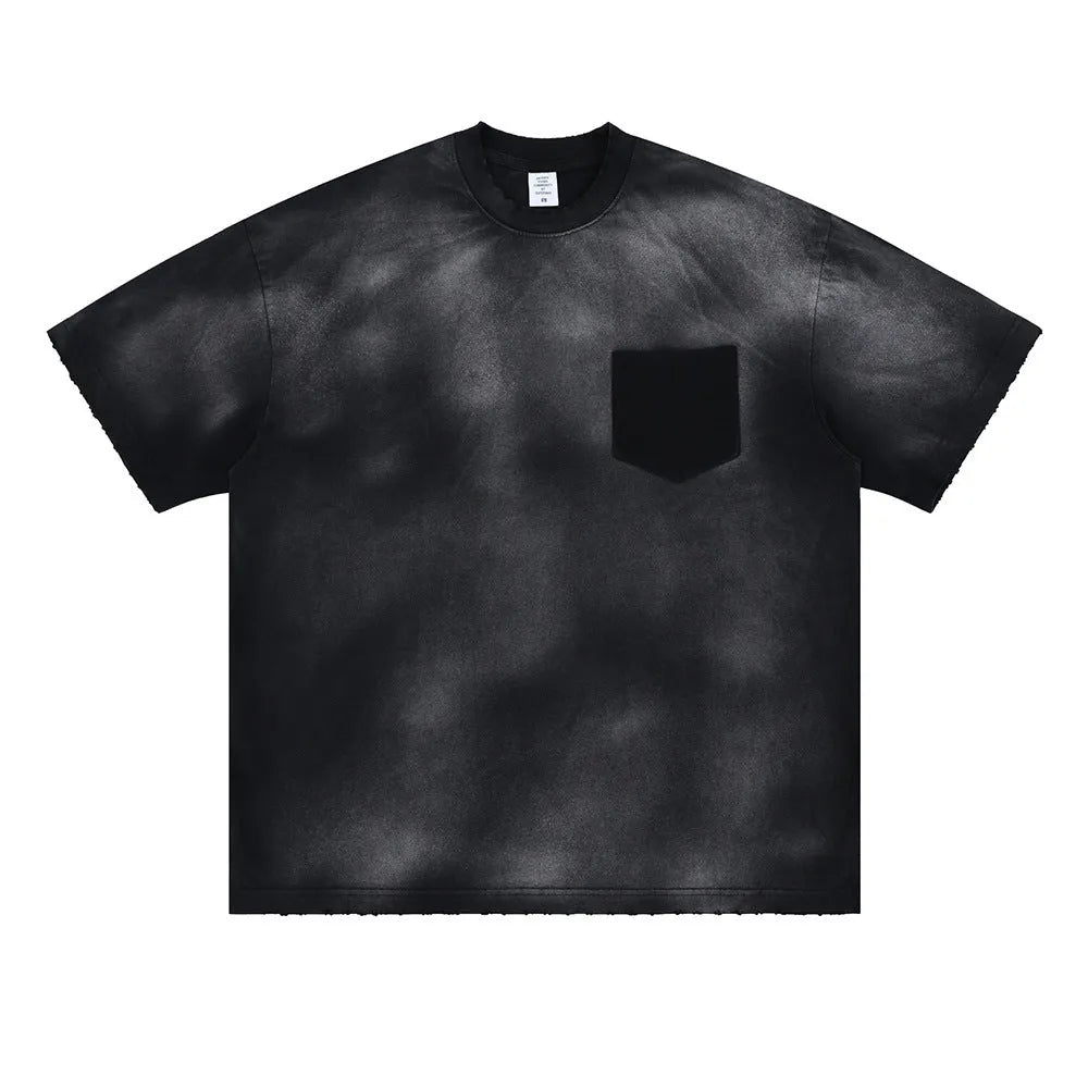 Men's black loose fit cotton t-shirt with printed letter pattern and short sleeves
