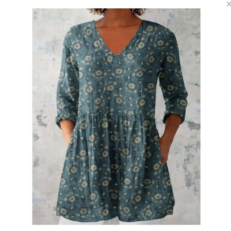 Women's printed wave loose dress with colourful floral pattern and wide waist design